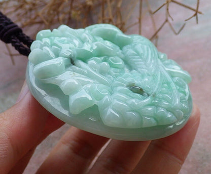 Certified Green 100% Burma Natural A Jade jadeite Pendant Peacock Phoenix Flower Necklace 孔雀 凤凰 521989 TN