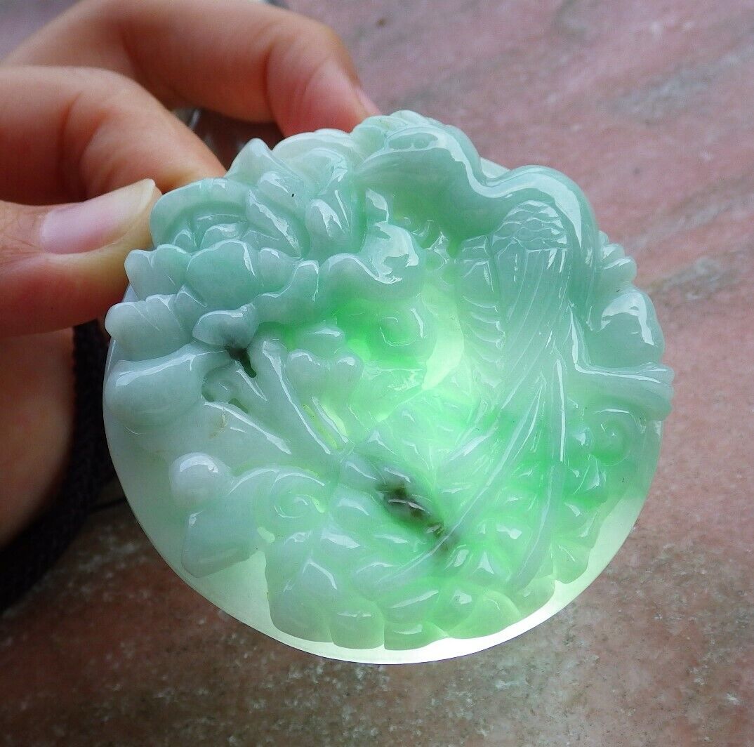Certified Green 100% Burma Natural A Jade jadeite Pendant Peacock Phoenix Flower Necklace 孔雀 凤凰 521989 TN