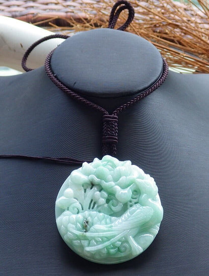 Certified Green 100% Burma Natural A Jade jadeite Pendant Peacock Phoenix Flower Necklace 孔雀 凤凰 521989 TN