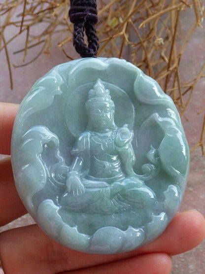 Certified Green Pale Lavender 100% Burma Natural A Jade jadeite pendant Guanyin Kwan Yin Lotus Flower Necklace 观音 522124 TN