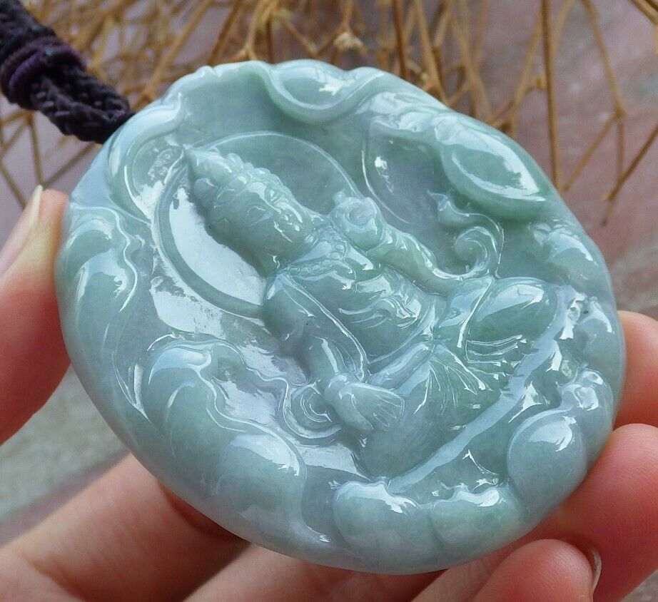 Certified Green Pale Lavender 100% Burma Natural A Jade jadeite pendant Guanyin Kwan Yin Lotus Flower Necklace 观音 522124 TN