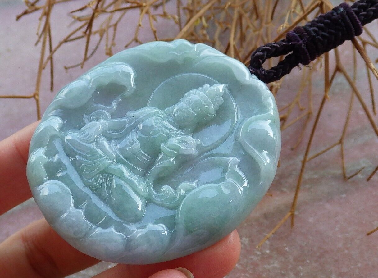 Certified Green Pale Lavender 100% Burma Natural A Jade jadeite pendant Guanyin Kwan Yin Lotus Flower Necklace 观音 522124 TN