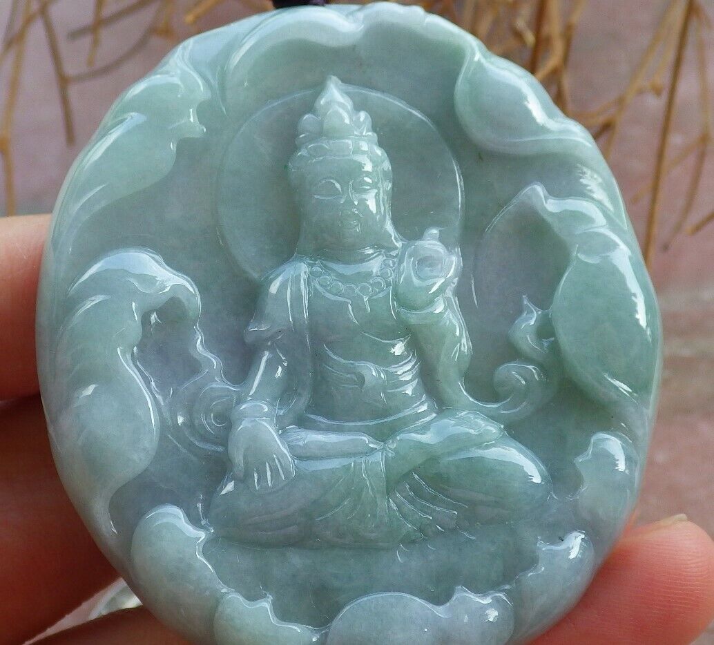 Certified Green Pale Lavender 100% Burma Natural A Jade jadeite pendant Guanyin Kwan Yin Lotus Flower Necklace 观音 522124 TN