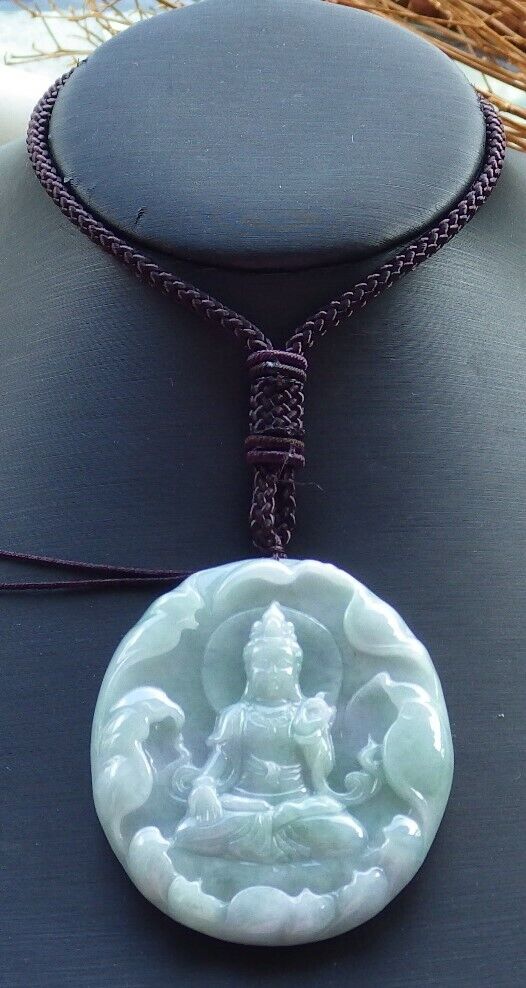 Certified Green Pale Lavender 100% Burma Natural A Jade jadeite pendant Guanyin Kwan Yin Lotus Flower Necklace 观音 522124 TN