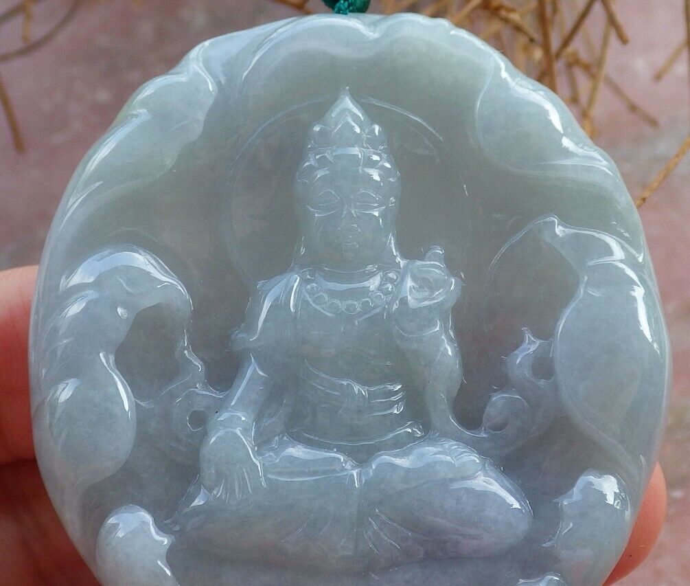 Certified Green Pale Lavender 100% Burma Natural A Jade jadeite pendant Guanyin Kwan Yin Lotus Flower Necklace 观音 522132 TN