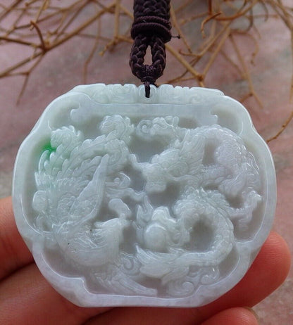 Certified Green 100% Burma Natural A Jade jadeite Pendant Dragon Phoenix Spit Bead Necklace 龙凤 522216 TN