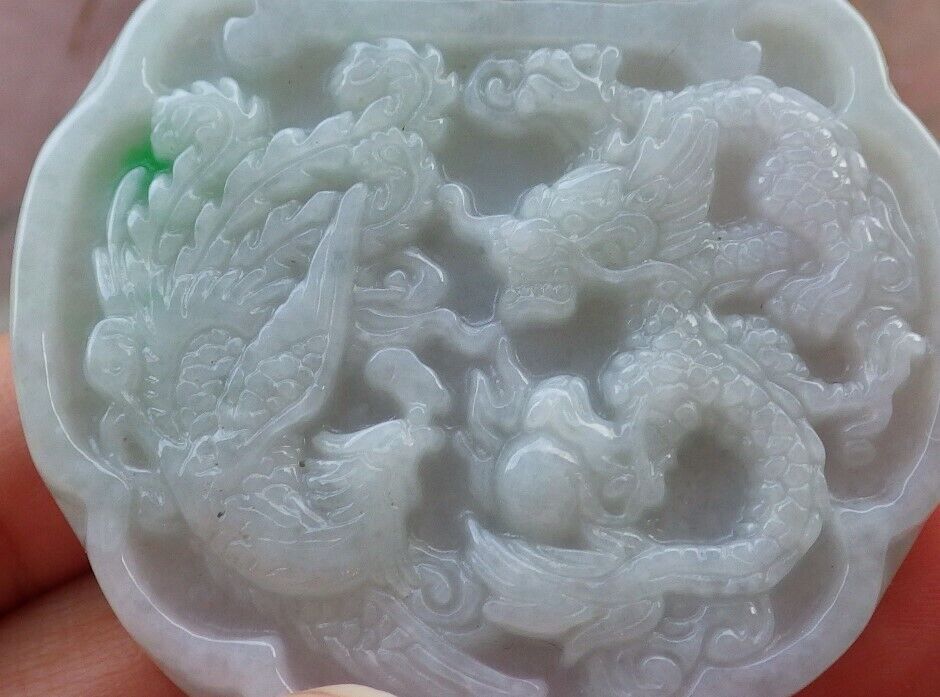 Certified Green 100% Burma Natural A Jade jadeite Pendant Dragon Phoenix Spit Bead Necklace 龙凤 522216 TN