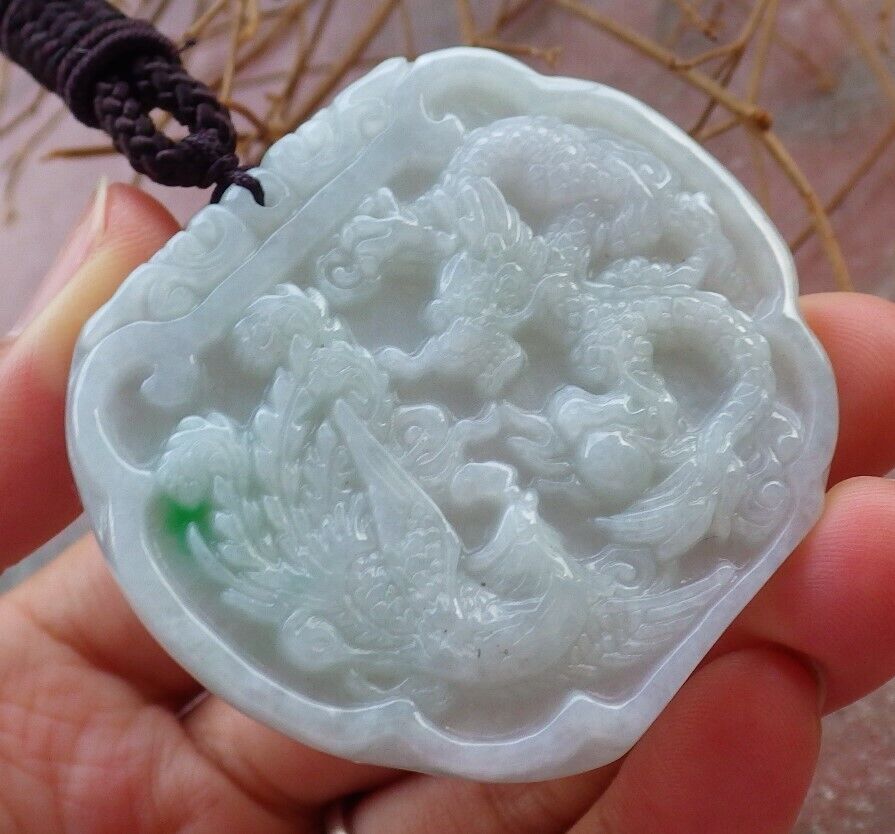 Certified Green 100% Burma Natural A Jade jadeite Pendant Dragon Phoenix Spit Bead Necklace 龙凤 522216 TN