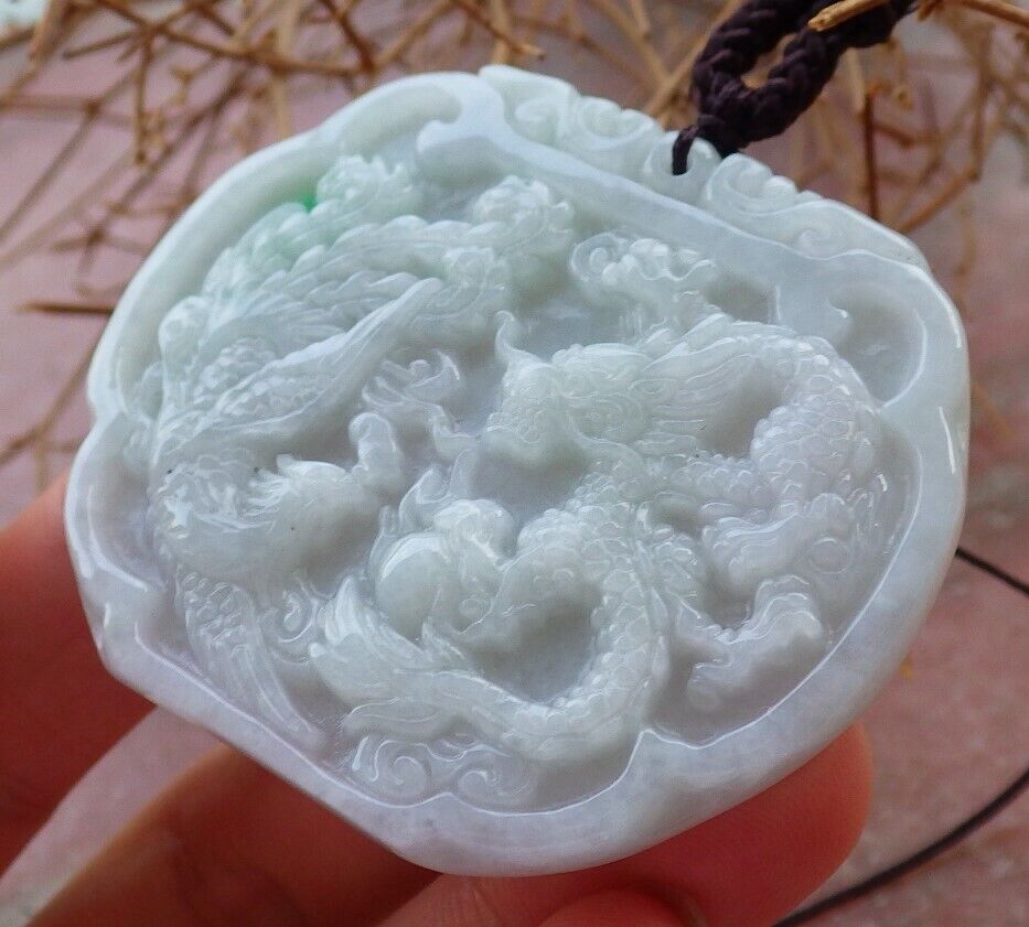 Certified Green 100% Burma Natural A Jade jadeite Pendant Dragon Phoenix Spit Bead Necklace 龙凤 522216 TN