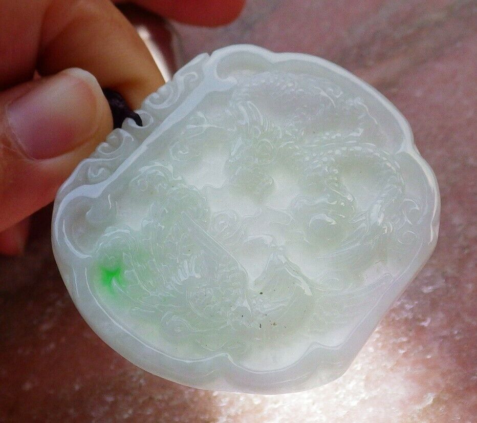 Certified Green 100% Burma Natural A Jade jadeite Pendant Dragon Phoenix Spit Bead Necklace 龙凤 522216 TN