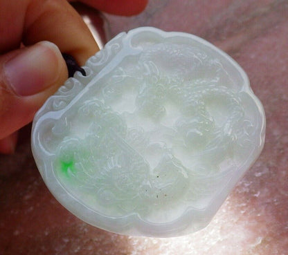 Certified Green 100% Burma Natural A Jade jadeite Pendant Dragon Phoenix Spit Bead Necklace 龙凤 522216 TN