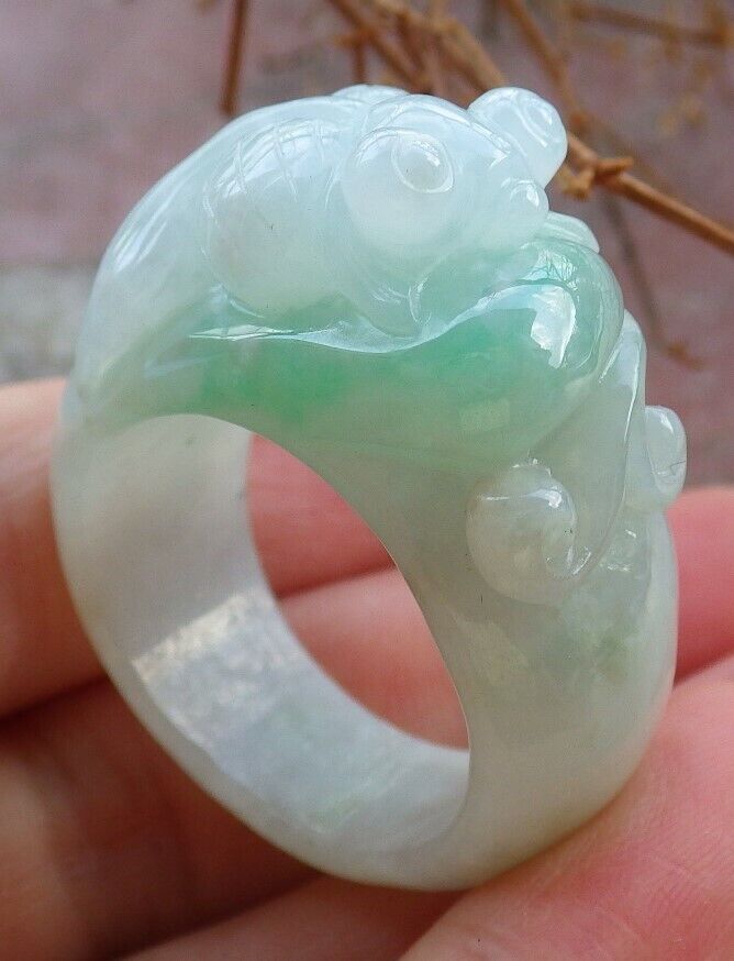 Certified Green 100% Burma Natural A JADE Jadeite Gold Fish RING USA. 11.5 戒指 522312 TN