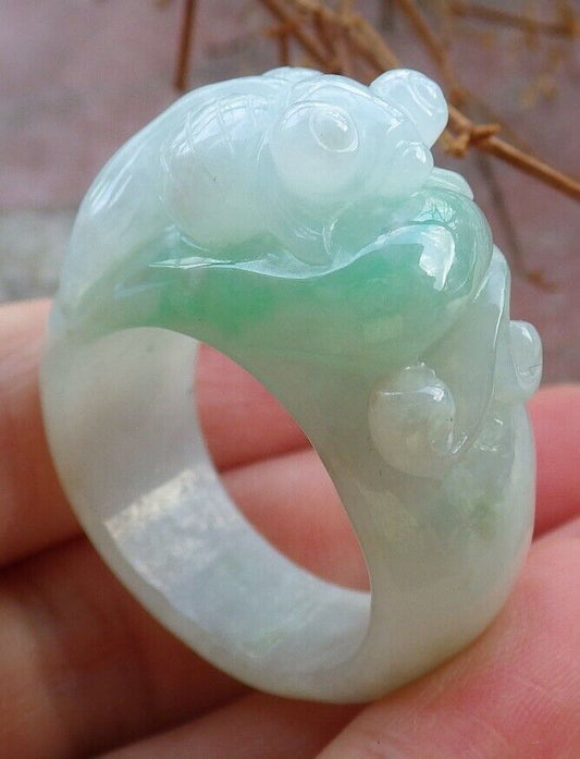 Certified Green 100% Burma Natural A JADE Jadeite Gold Fish RING USA. 11.5 戒指 522312 TN
