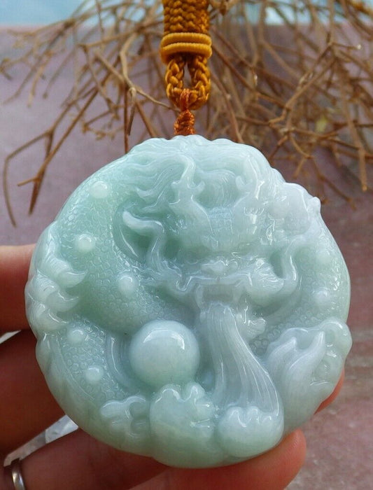 Certified Green 100% Burma Natural A Jade jadeite Pendant Dragon Ruyi Bead Necklace 生意兴隆 522321 TN