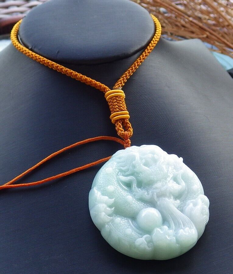 Certified Green 100% Burma Natural A Jade jadeite Pendant Dragon Ruyi Bead Necklace 生意兴隆 522321 TN