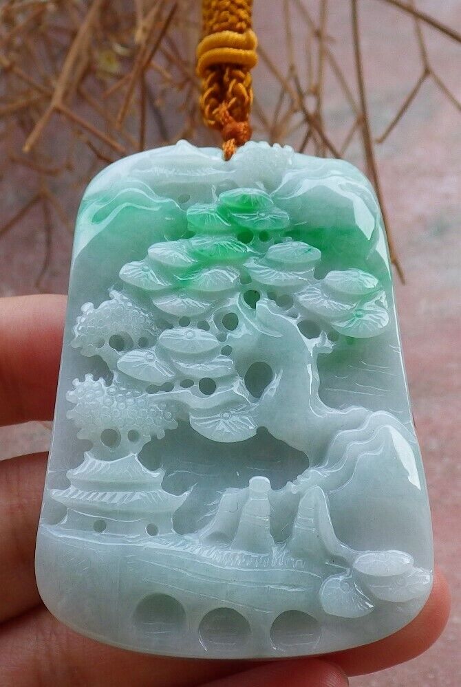 Certified Green 100% Burma Natural A Jade jadeite Landscape painting Tree Necklace Necklace 山水画 522371 TN