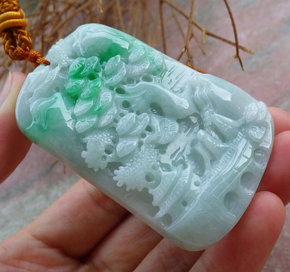 Certified Green 100% Burma Natural A Jade jadeite Landscape painting Tree Necklace Necklace 山水画 522371 TN