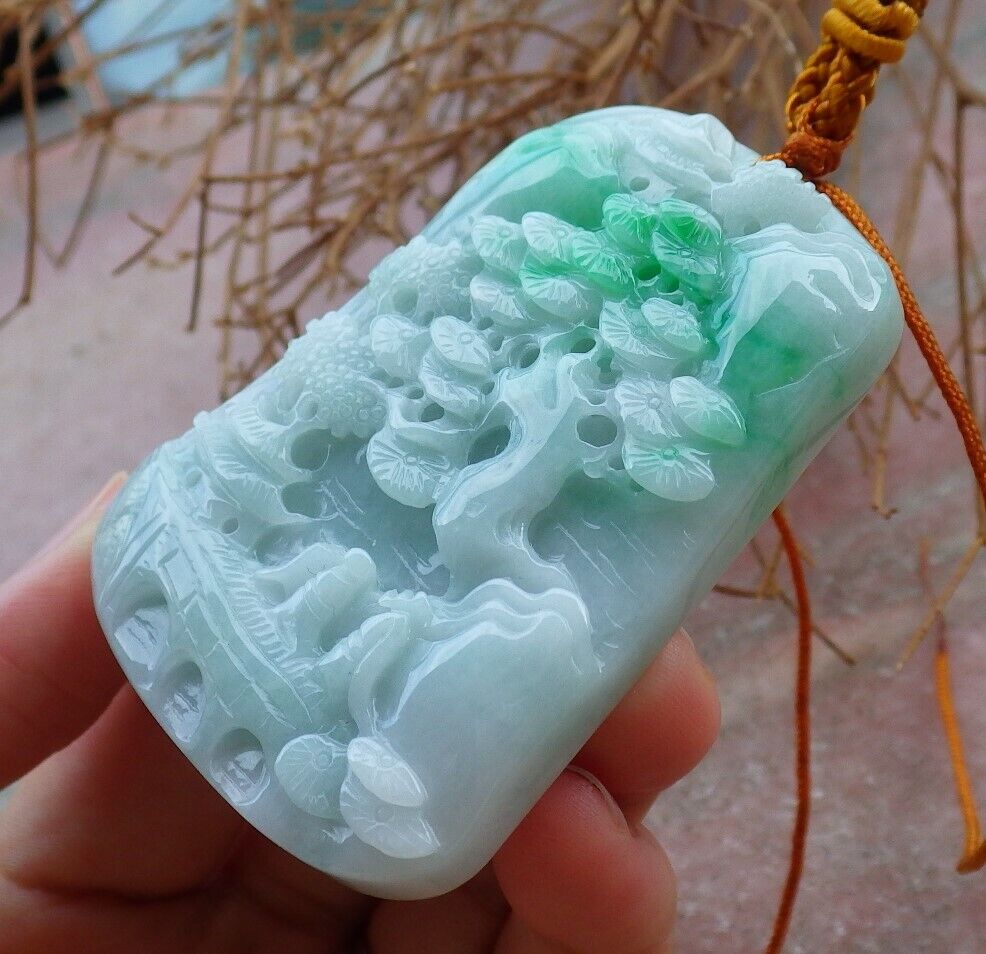 Certified Green 100% Burma Natural A Jade jadeite Landscape painting Tree Necklace Necklace 山水画 522371 TN