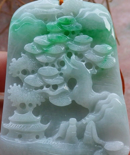 Certified Green 100% Burma Natural A Jade jadeite Landscape painting Tree Necklace Necklace 山水画 522371 TN
