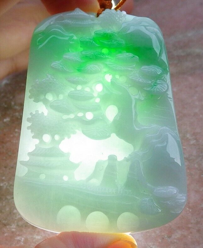 Certified Green 100% Burma Natural A Jade jadeite Landscape painting Tree Necklace Necklace 山水画 522371 TN