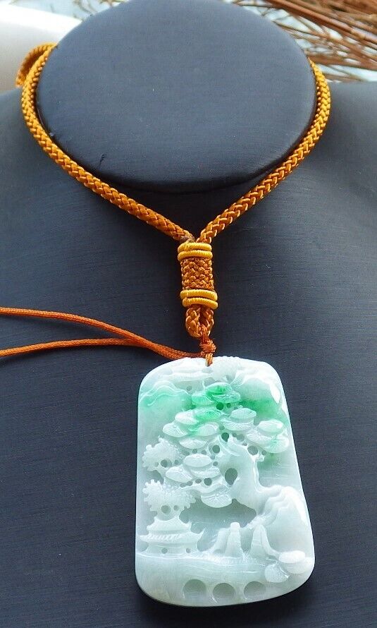 Certified Green 100% Burma Natural A Jade jadeite Landscape painting Tree Necklace Necklace 山水画 522371 TN