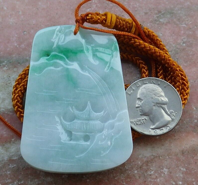Certified Green 100% Burma Natural A Jade jadeite Landscape painting Tree Necklace Necklace 山水画 522371 TN