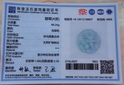 Certified Pale Green 100% Burma Natural A Jade jadeite Pendant Dragon Bead Ruyi Necklace 生意兴隆 522380 TN