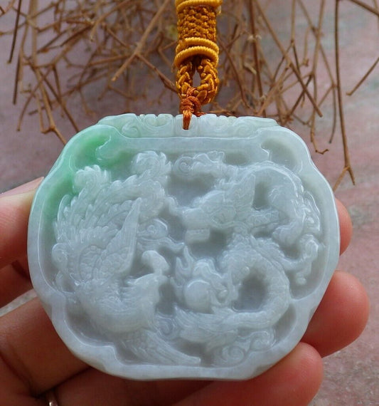 Certified Green 100% Natural A Jade jadeite Pendant Dragon Phoenix Spit Bead Necklace 龙凤 522395 TN