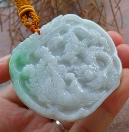 Certified Green 100% Natural A Jade jadeite Pendant Dragon Phoenix Spit Bead Necklace 龙凤 522395 TN
