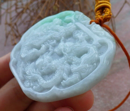 Certified Green 100% Natural A Jade jadeite Pendant Dragon Phoenix Spit Bead Necklace 龙凤 522395 TN