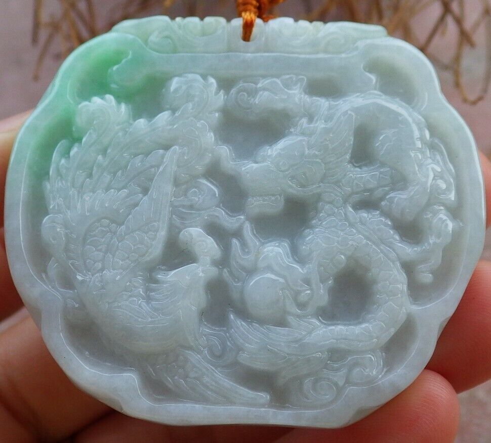 Certified Green 100% Natural A Jade jadeite Pendant Dragon Phoenix Spit Bead Necklace 龙凤 522395 TN