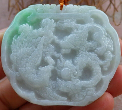 Certified Green 100% Natural A Jade jadeite Pendant Dragon Phoenix Spit Bead Necklace 龙凤 522395 TN