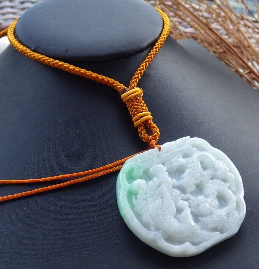 Certified Green 100% Natural A Jade jadeite Pendant Dragon Phoenix Spit Bead Necklace 龙凤 522395 TN