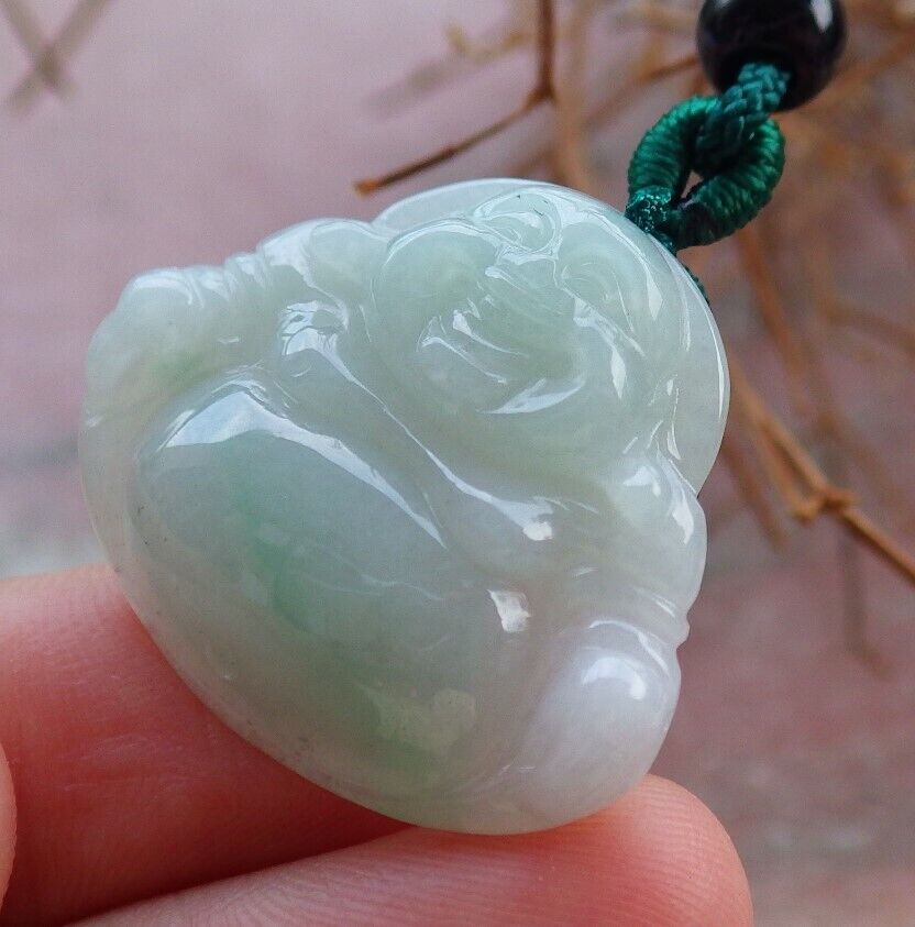 Certified Green 100% Burma Natural A Jade jadeite pendant Happy Buddha God Necklace 开心佛 522430 TN