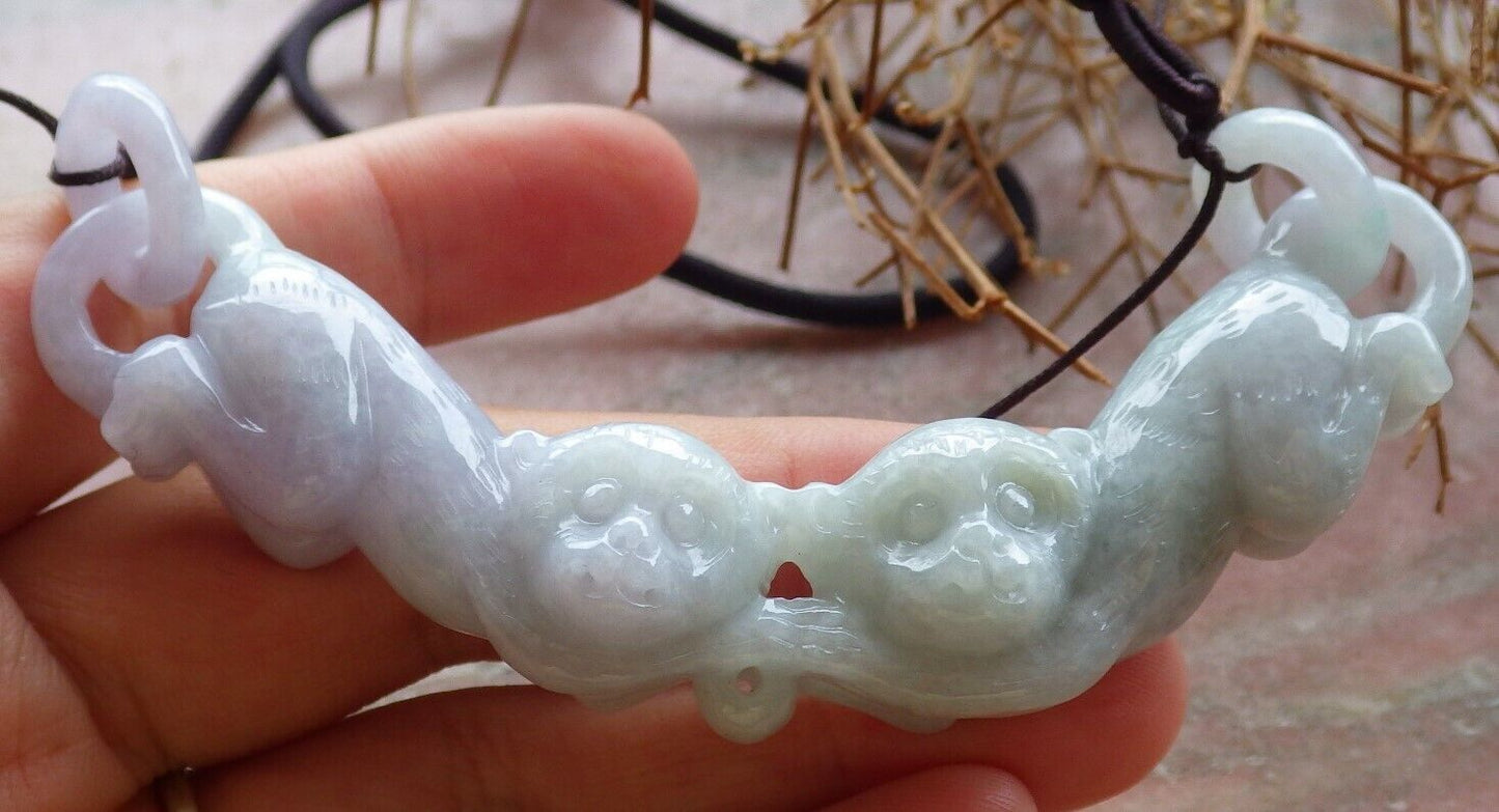 Certified Pale Lavender Green 100% Burma Natural A Jade jadeite Pendant Twin Monkey Circle Ring Necklace 猴子 522437 TN