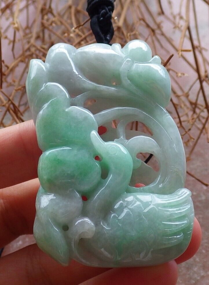 Certified Green 100% Burma Natural A Jade jadeite Pendant Swan Duck Lotus Flower Coin Necklace 天鹅 522591 TN