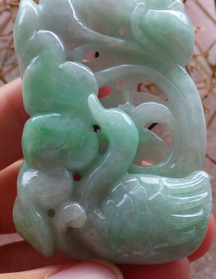 Certified Green 100% Burma Natural A Jade jadeite Pendant Swan Duck Lotus Flower Coin Necklace 天鹅 522591 TN