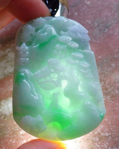 Certified Green Pale Lavender 100% Burma Natural A Jade jadeite Landscape painting Tree Necklace 山水画 522667 TN