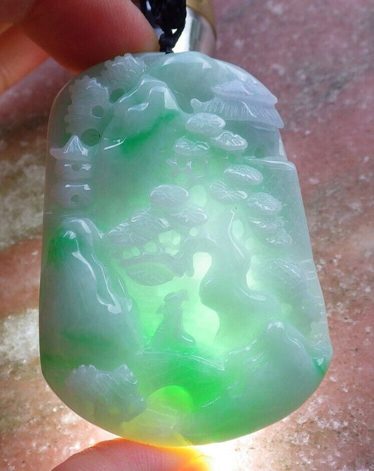 Certified Green Pale Lavender 100% Burma Natural A Jade jadeite Landscape painting Tree Necklace 山水画 522667 TN