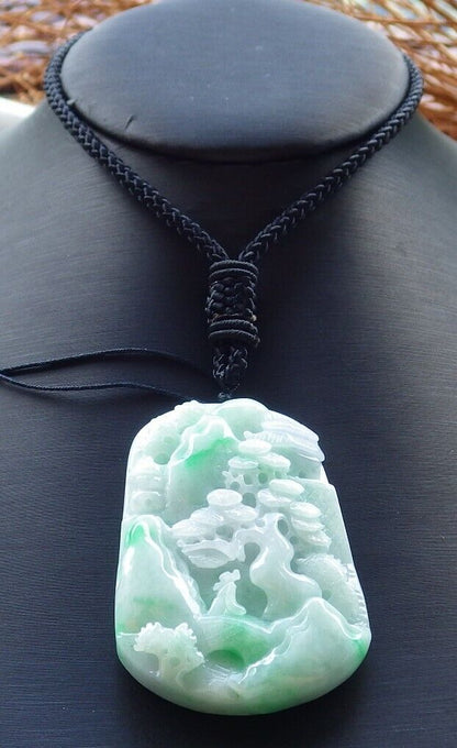 Certified Green Pale Lavender 100% Burma Natural A Jade jadeite Landscape painting Tree Necklace 山水画 522667 TN