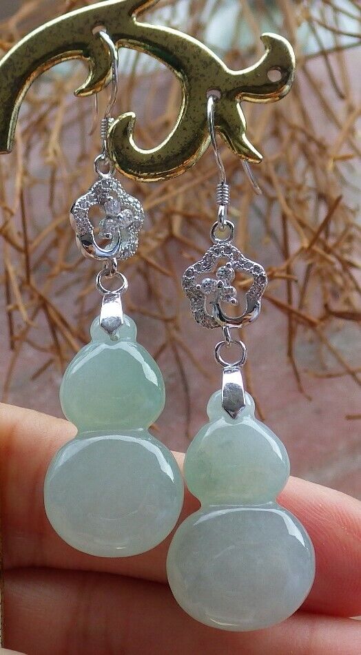 Certified Icy Green Sterling Silver 0.925 100% Burma Natural A Jade jadeite Gourd Earrings Earring Dangle 耳环 522708 TN