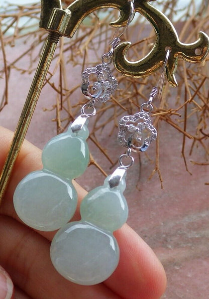 Certified Icy Green Sterling Silver 0.925 100% Burma Natural A Jade jadeite Gourd Earrings Earring Dangle 耳环 522708 TN