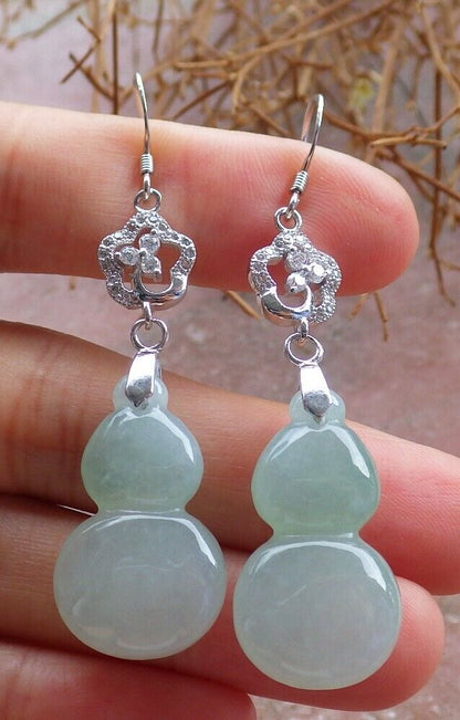 Certified Icy Green Sterling Silver 0.925 100% Burma Natural A Jade jadeite Gourd Earrings Earring Dangle 耳环 522708 TN