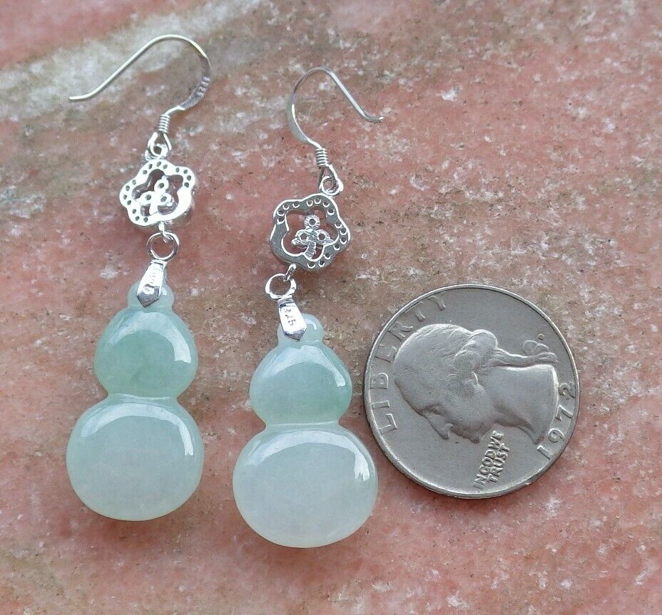 Certified Icy Green Sterling Silver 0.925 100% Burma Natural A Jade jadeite Gourd Earrings Earring Dangle 耳环 522708 TN