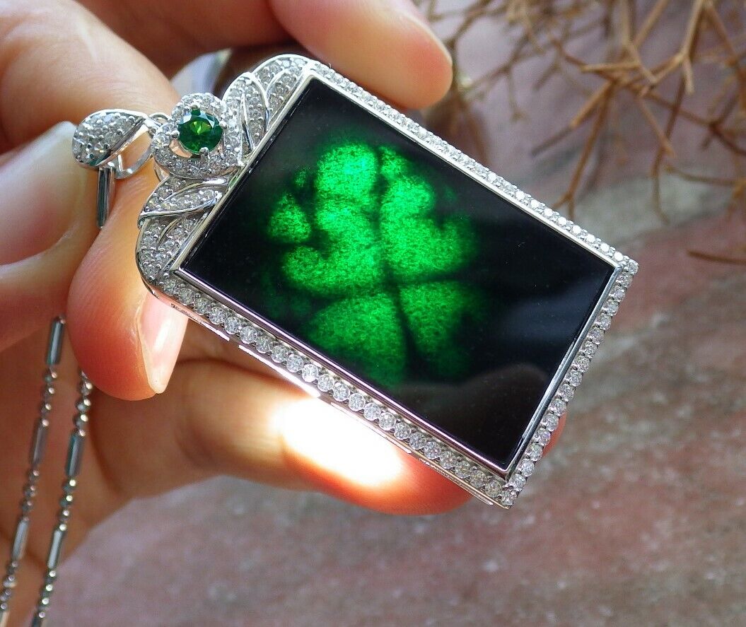 Silver 925 Certified 100% Natural A JADE Jadeite pendant Black Green Rectangle Necklace 墨翠 522868  **include 18 inches metal Chain** The small diamonds is  Diamond (Imitation) TN