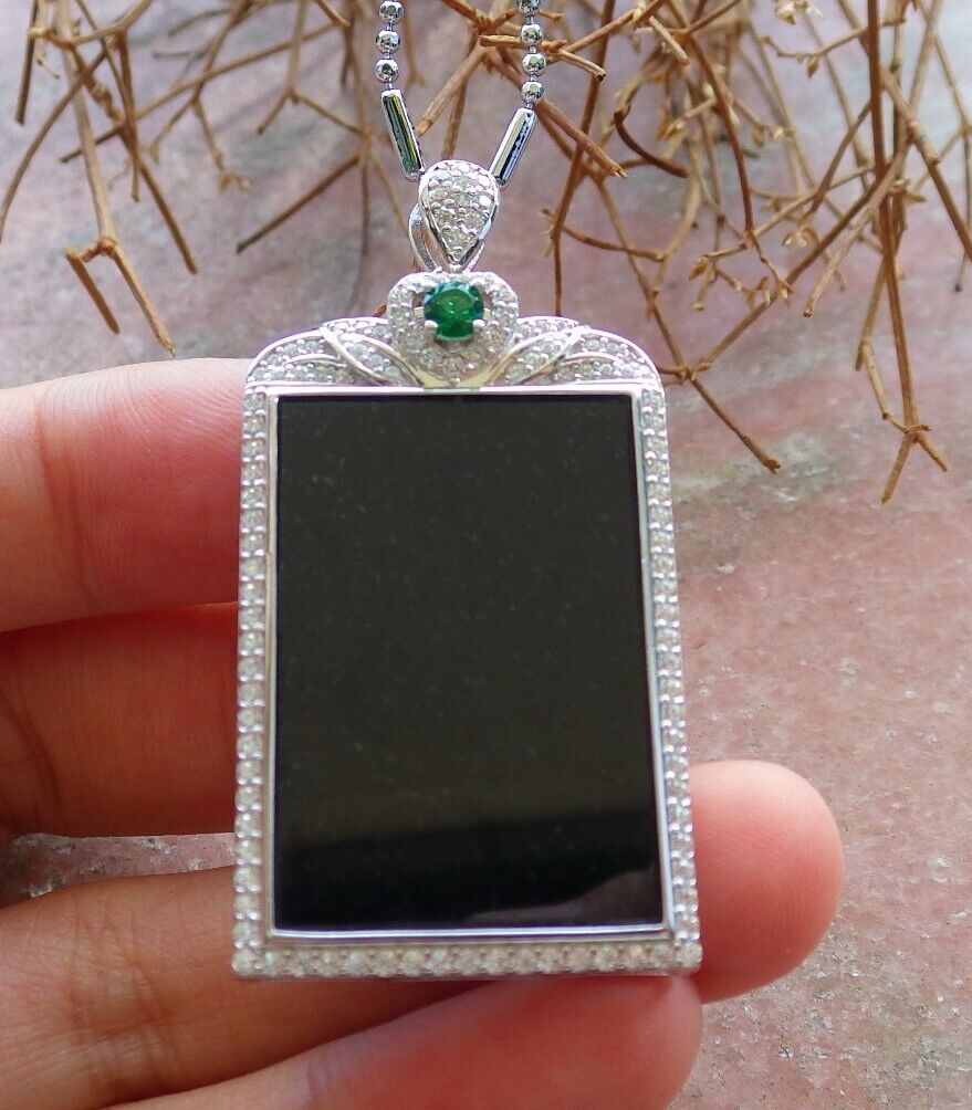 Silver 925 Certified 100% Natural A JADE Jadeite pendant Black Green Rectangle Necklace 墨翠 522868  **include 18 inches metal Chain** The small diamonds is  Diamond (Imitation) TN