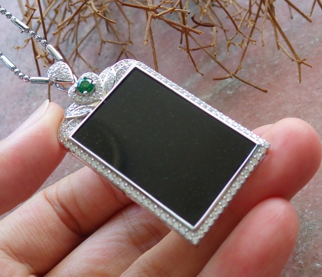 Silver 925 Certified 100% Natural A JADE Jadeite pendant Black Green Rectangle Necklace 墨翠 522868  **include 18 inches metal Chain** The small diamonds is  Diamond (Imitation) TN