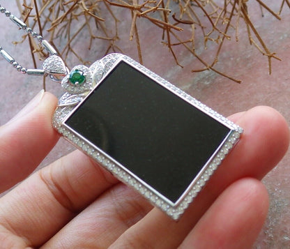 Silver 925 Certified 100% Natural A JADE Jadeite pendant Black Green Rectangle Necklace 墨翠 522868  **include 18 inches metal Chain** The small diamonds is  Diamond (Imitation) TN