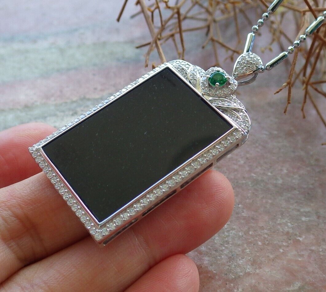 Silver 925 Certified 100% Natural A JADE Jadeite pendant Black Green Rectangle Necklace 墨翠 522868  **include 18 inches metal Chain** The small diamonds is  Diamond (Imitation) TN