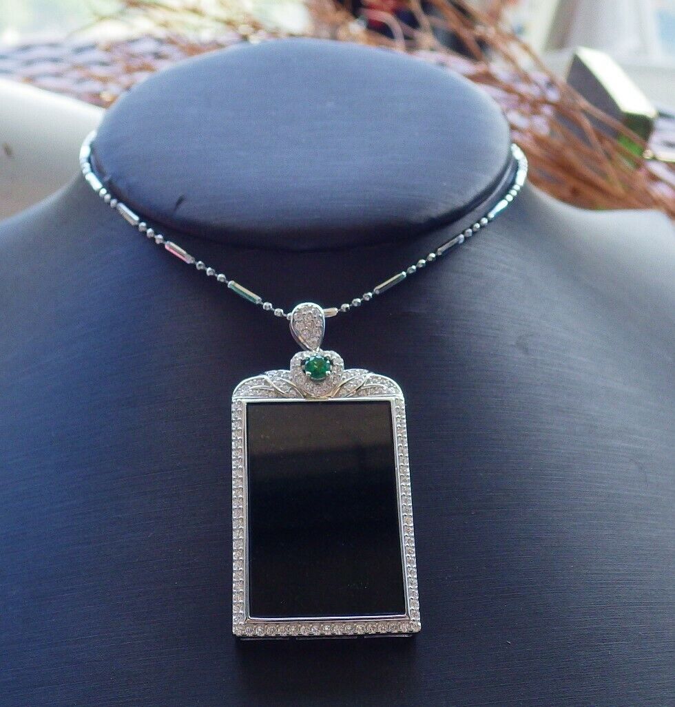 Silver 925 Certified 100% Natural A JADE Jadeite pendant Black Green Rectangle Necklace 墨翠 522868  **include 18 inches metal Chain** The small diamonds is  Diamond (Imitation) TN